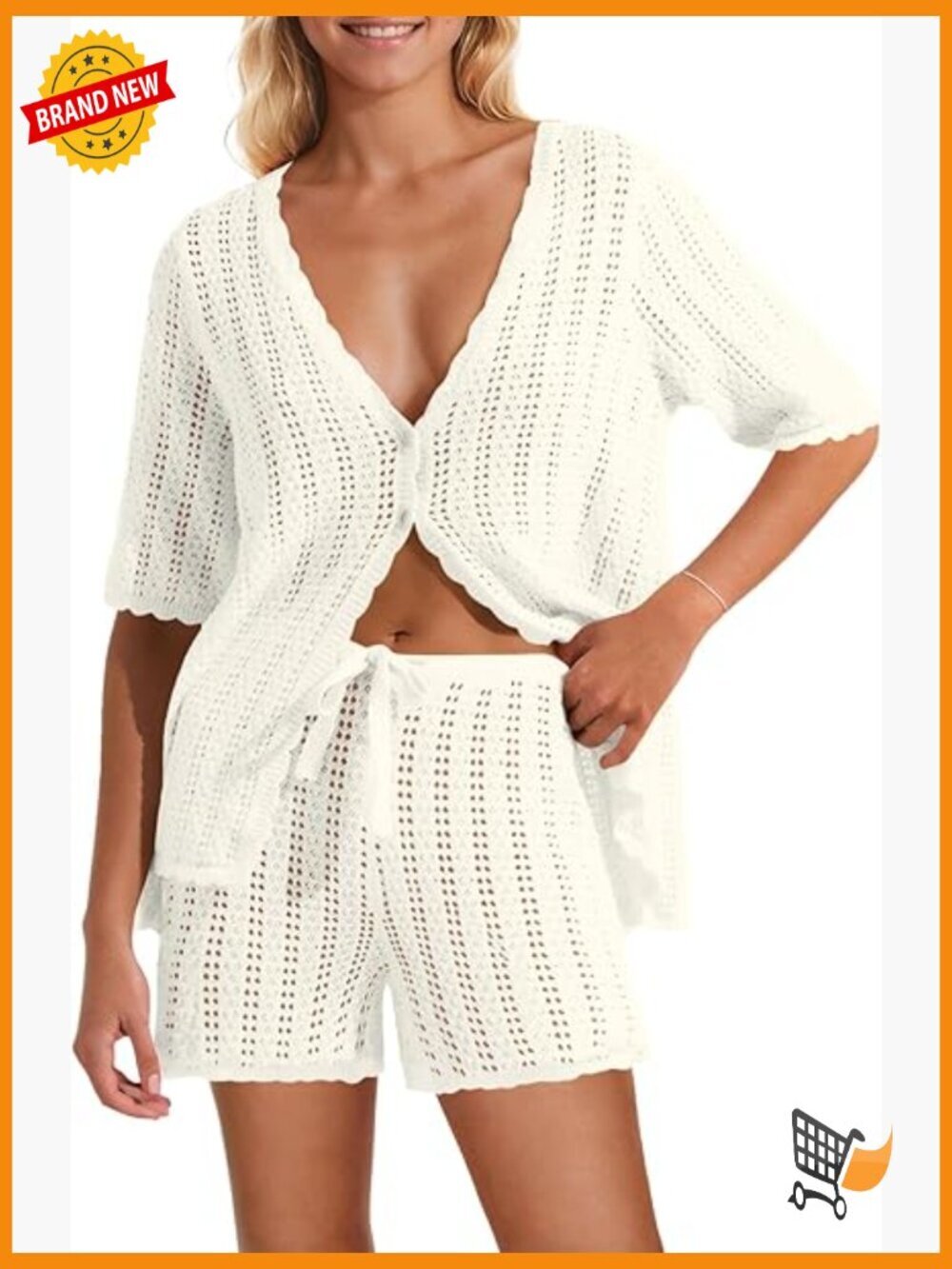 Women Crochet 2 Piece Swimsuit Cover Up Set Short Sleeve Knit Top Shorts Beach